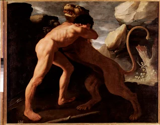 Hercules and the Lion of Nemee, detalj (olje på lerret