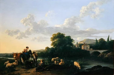 Bønder og storfe i et italiensk landskap (olje på panel)