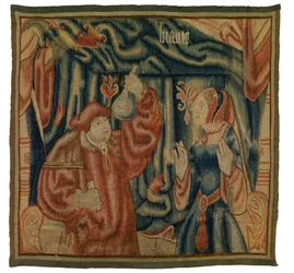 Tapetfragment som viser et interiør med lege og kvinne, Beaute, fransk eller flamsk, laget tidlig på 1500-tallet (ull)