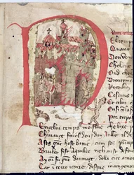 Ms Est 27 W 8.17 f.1r Historikert initial som viser Hunneren Attila (ca. 406-453) som brenner byen Aquila fra Attila-krigen av Nicola da Casola