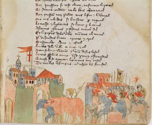 Ms Est 27 W 8.17 f.6r Bønder som kommer inn i en by med storfe og ankomsten av Attilas-hæren, fra Attila-krigen av Nicola da Casola