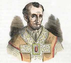 Middelalder: representasjon av pave Nicholas I den store (Nicola I, Nicholas eller Nicolo eller Niccolo eller Nicolaus) (858-867) tegning fra "I misteri del vaticano" av Franco Mistrali 1843