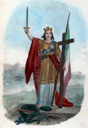 Risorgimento: Allegorisk representasjon av det triumferende Italia som står på slangen til den ødelagte kirken og reiser et sverd med et kors og et flagg, symboler på politisk, religiøs og sivil risorgimento) Frontispice tire de "" I misteri del vaticano""