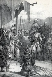 Syvende korstog: Kong Ludvig IX ble tatt til fange i slaget ved Fariskur 6. april 1250 (Syvende korstog: Kong Ludvig IX fange i slaget ved Fariskur, 6. april 1250) Tegning fra "Misteri del Vaticano" av Franco Mistrali