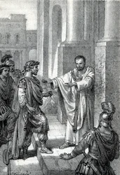 Erkebiskopen Saint Ambrosius av Milano (Aurelius Ambrosius, Ambrogio di Milano (340-397) forbød inngangen til kirken til den romerske keiseren Theodosius I (Flavius Theodosius) (347-395) for å straffe ham for massakren i Thessalonica i 390 - Excommunicati