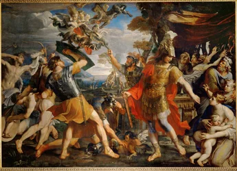 Aeneas og hans følgesvenner kjemper mot harpyene …