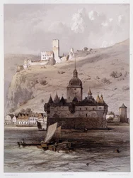 Chateau a Pfalz, Tyskland. I "" Den monumentale og pittoreske Rhinen"". Litografier av Fourmais og Stroobant
