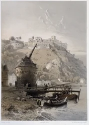 Chateau Saint Coar og Rheinfelds. I "" Den monumentale og pittoreske Rhinen"". Litografier av Fourmais og Stroobant
