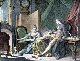 La Courtesan amoureuse: Kvinne fjerner bunnen av en mann - gravering av ap. Slakter