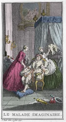 Den imaginære pasienten. Teaterstykke av Jean Baptiste Poquelin dit Moliere (1622-1673). Gravering i «Den imaginære pasienten» av T. de Mare etter Boucher.