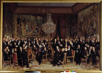 Kveld på Louvre med greven av Nieuwerkerke Blant gavene: Francois Marcellin Certain de Canrobert (1809-1895), Eugene Delacroix (1798-1863), Camille Doucet (1812-1895), Jacques Fromental Levy dit Halevy (1799-1862) , Baron Georges Haussmann (