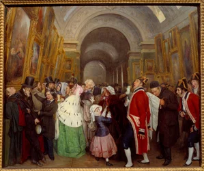 Fire timer ved salongens nedleggelse av det årlige maleshowet i Grande Galerie du Louvre. Maleri av Francois Auguste Biard (1798-1882) 1847 søn. 0,57x0,67 m