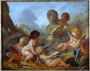 Allegorie des Arts Fem små amours assosiert med ulike kunster (skulptur, maleri...) Maleri av Francois Boucher (1703-1770) Troyes fra 1700-tallet, Musee des Beaux Arts - Allegory of Arts. Fem små amoriner assosiert med forskjellige kunster (skulptur