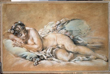 ""ung sovende kvinne"" (Sovende ung kvinne) Sanguine og pastell av Francois Boucher (1703-1770) 1758 Pushkin Museum, Moskva