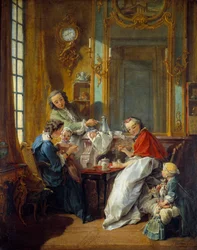 Lunsjscene i et borgerlig interiør. Maleri av Francois Boucher (1703-1770) 1739 søn. 0,81x0,65 m