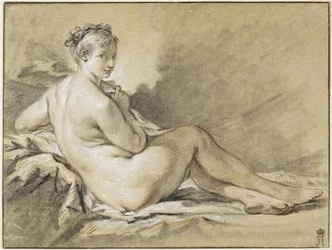 Studie av en naken kvinne - Francois Boucher (1703-1770). Sanguine, svart og hvitt kritt på papir