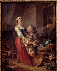 Den vakre kokken Scene galante på et kjøkken. Maleri av Francois Boucher (1703-1770). 1738 Paris. Musee Cognacq Jay