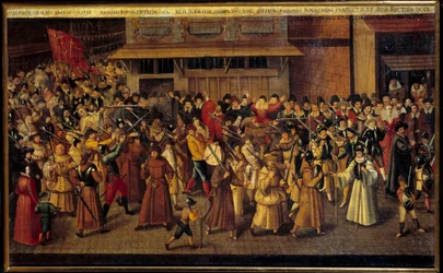 Religiøse kriger mellom katolikker og protestanter: "" Procession of the League ved slutten av Cathedrale Notre Dame den 4/02/1593"". Maleri av Francois II Bunel (1522-1599)