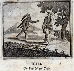 En gal og en klok. Fabler av Jean de La Fontaine (1621-95). Illustrasjon av Francois Chauveau (1613-1676). Utgave av 1728.