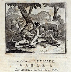 Dyr som er syke av pesten. Fabler av Jean de La Fontaine (1621-95). Illustrasjon av Francois Chauveau (1613-1676). Utgave av 1728.