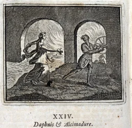 Daphnis og Alcimadura. Fabler av Jean de La Fontaine (1621-95). Illustrasjon av Francois Chauveau (1613-1676). Utgave av 1728.