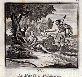 Døden og de ulykkelige. Fabler av Jean de La Fontaine (1621-95). Illustrasjon av Francois Chauveau (1613-1676). Utgave av 1728.