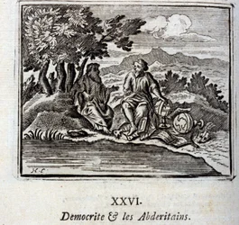 Demokrit og abderitanerne. Fabler av Jean de La Fontaine (1621-95). Illustrasjon av Francois Chauveau (1613-1676). Utgave av 1728.