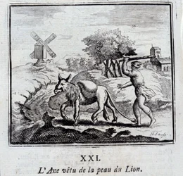 Esel iført løvens hud. Fabler av Jean de La Fontaine (1621-95). Illustrasjon av François Chauveau (1613-1676). Utgave av 1728.
