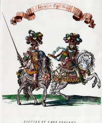 Ecuyer og persisk side under karusellen gitt av kong Louis XIV (1639-1715) Gravering av Francois Chauveau (1613-1676) rundt 1662 Privat samling