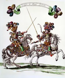 Indisk Ecuyer og side under karusellen gitt av kong Louis XIV (1638-1715) i 1662 til Tuileriene for å feire fødselen til Dauphin. Gravering av Francois Chauveau (1613-1676) 1600-tallets privatsamling