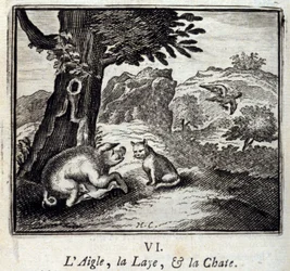 Ørnen, purka og hunnkatten. Fabler av Jean de La Fontaine (1621-95). Illustrasjon av François Chauveau (1613-1676). Utgave fra 1728.