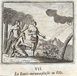 La Souris forvandlet til en jente. Fabler av Jean de La Fontaine (1621-95). Illustrasjon av François Chauveau (1613-1676). Utgave av 1728.