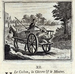 The Pig the Goat and the Mut.Fables av Jean de La Fontaine (1621-95). Illustrasjon av Francois Chauveau (1613-1676). Utgave av 1728.