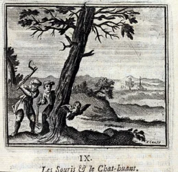 Musene og Huant-katten. Fabler av Jean de La Fontaine (1621-95). Illustrasjon av Francois Chauveau (1613-1676). Utgave av 1728.
