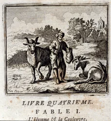 Mann og slange. Fabler av Jean de La Fontaine (1621-95). Illustrasjon av Francois Chauveau (1613-1676). Utgave av 1728.