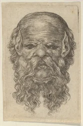 Maske av en skallet mann med spisse ører og langt skjegg med delt skjegg, fra Divers Masques, ca. 1635-45.