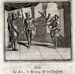 Kongen Milan og jegeren. Fabler av Jean de La Fontaine (1621-95). Illustrasjon av François Chauveau (1613-1676). Utgave av 1728.
