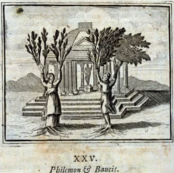 Filemon og Baucis. Fabler av Jean de La Fontaine (1621-95). Illustrasjon ved François Chauveau (1613-1676). Utgave fra 1728.
