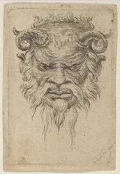 Satyrmaske med krøllede horn som ser ned, fra Divers Masques, ca. 1635-45.