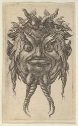 Satyrmaske med horn og vridd skjegg iført eføykrans, fra Divers Masque..., ca. 1635-45.
