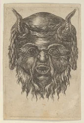 Satyrmaske med laurbærkrans drapert over hornene, fra Divers Masques, ca. 1635-45.