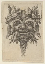 Satyrmaske med spiralformet skjegg og eføy gruppert rundt hvert horn, fra Divers..., ca. 1635-45.