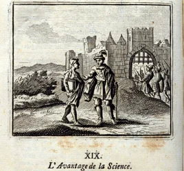 The Advantage of Science.Fables av Jean de La Fontaine (1621-95). Illustrasjon av Francois Chauveau (1613-1676). Utgave av 1728.