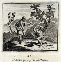 The Avare som mistet sin tresor.Fables av Jean de La Fontaine (1621-95). Illustrasjon av François Chauveau (1613-1676). Utgave av 1728.