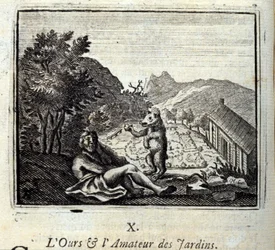 Bjørnen og hageamatøren. Fabler av Jean de La Fontaine (1621-95). Illustrasjon av François Chauveau (1613-1676). Utgave av 1728.