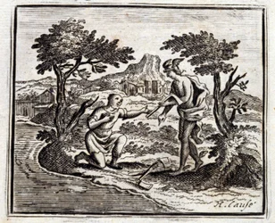 Bucheron og Mercury. Fabler av Jean de La Fontaine (1621-95). Illustrasjon av Francois Chauveau (1613-1676). Utgave av 1728.