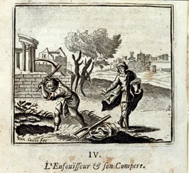 Brenneren og hans Compere. Fabler av Jean de La Fontaine (1621-95). Illustrasjon av Francois Chauveau (1613-1676). Utgave av 1728.