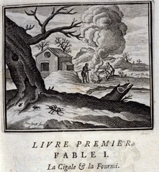 Sikaden og mauren. Fabler av Jean de La Fontaine (1621-95). Illustrasjon av François Chauveau (1613-1676). Utgave fra 1728.
