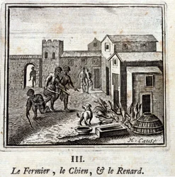 Bonden, hunden og reven. Fabler av Jean de La Fontaine (1621-95). Illustrasjon av François Chauveau (1613-1676). Utgave av 1728.