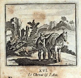 Hesten og eselet. Fabler av Jean de La Fontaine (1621-95). Illustrasjon av Francois Chauveau (1613-1676). Utgave av 1728.